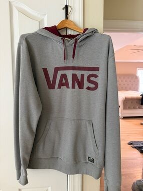 Vans Men's Gray Zip-Up Style Hoodie with Maroon Logo